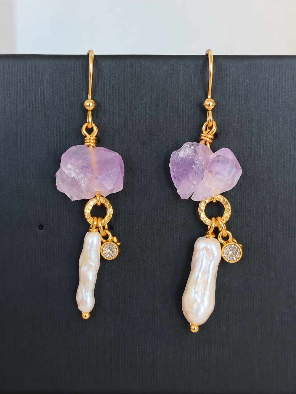 Handmade Lavender Crystal & Baroque Pearl Gold Drop Earrings